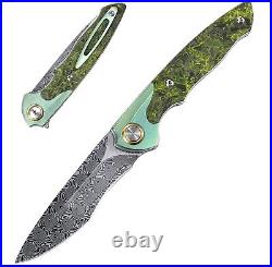 Premium Damascus Titanium Carbon Fiber Knife Folding Pocket Gift Green VP69