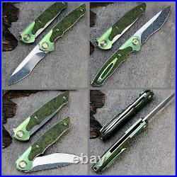 Premium Damascus Titanium Carbon Fiber Knife Folding Pocket Gift Green VP69