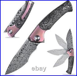 Premium Damascus Titanium Carbon Fiber Knife Folding Pocket Gift Rose Pink VP64