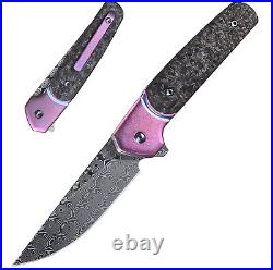 Premium Damascus Titanium Carbon Fiber Knife Folding Pocket Gift Rose Pink VP66
