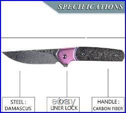 Premium Damascus Titanium Carbon Fiber Knife Folding Pocket Gift Rose Pink VP66