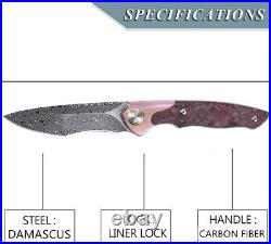 Premium Damascus Titanium Carbon Fiber Knife Folding Pocket Gift Rose Pink VP67