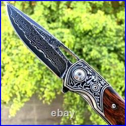 Premium Drop Point Folding Knife EDC Hunting Tactical Damascus Steel Wood Handle