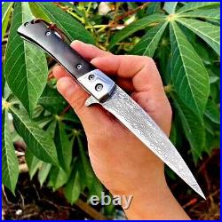 Premium Drop Point Knife Folding Pocket Hunting Survival Damascus Steel Wood EDC