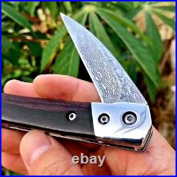 Premium Drop Point Knife Folding Pocket Hunting Survival Damascus Steel Wood EDC