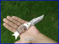Premium Handmade Golden Fish Engraved Folding Knife Damascus Steel Blade Knife