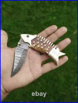 Premium Handmade Golden Fish Engraved Folding Knife Damascus Steel Blade Knife