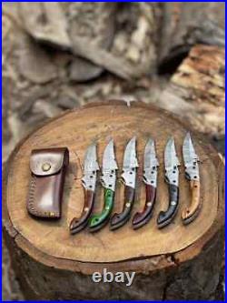 Professional Handmade Damascus Folding knife Lot of 19 Pieces With Leather Cover