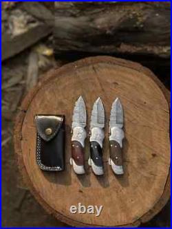 Professional Handmade Damascus Folding knife Lot of 19 Pieces With Leather Cover