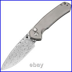 Pyrite Button Lock Folding Knife Gray Titanium Handle Damascus Plain J1925L-TDM