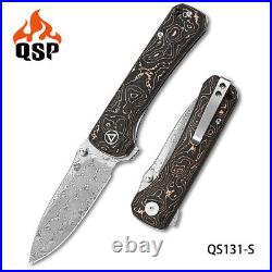 QSP Hawk Folding Knife Black Copper Foil/Carbon Fiber Handle Damascus QS131-S