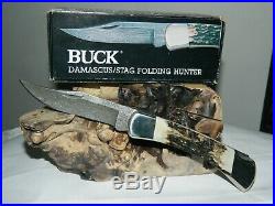 RARE Buck (1989) 110 DM Damascus /Stag Folding Hunter Popcorn Scales knife BOX