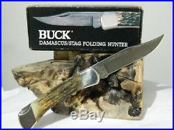 RARE Buck (1989) 110 DM Damascus /Stag Folding Hunter Popcorn Scales knife BOX