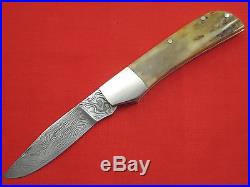 RICK NOWLAND Damascus Blade Stag Handle Custom Slip-Joint Folding Knife Folder