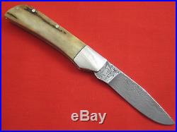 RICK NOWLAND Damascus Blade Stag Handle Custom Slip-Joint Folding Knife Folder