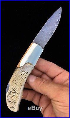 Rare Custom Damascus Lockback Pocket Knife Exotic Fossilized Turtle Bone Handles