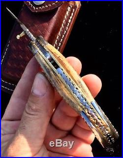 Rare Custom Damascus Russlock Pocket Knife Exotic Fossilized Turtle Bone Handles