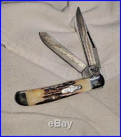 Rare Custom USA Bear & Son Damascus 2 Blade Folding Knife, Signed 29/50