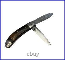 Rare Double Blade Damascus, Gold, Rosewood & Fossil Mammoth Bone Folding Knife