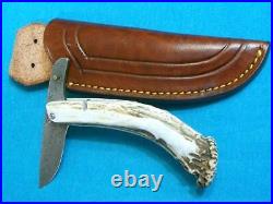 Rare Silver Stag USA Damascus Mountain Man Friction Folder Hunting Knife Sheath