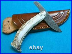 Rare Silver Stag USA Damascus Mountain Man Friction Folder Hunting Knife Sheath