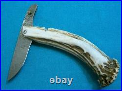 Rare Silver Stag USA Damascus Mountain Man Friction Folder Hunting Knife Sheath