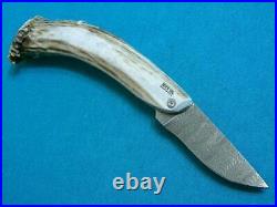 Rare Silver Stag USA Damascus Mountain Man Friction Folder Hunting Knife Sheath