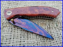 Rare Suchat Jangtanong Custom Folding Knife Damascus Steel Amboyna Wood Rc#12