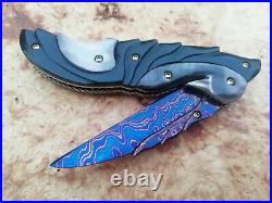 Rare Suchat Jangtanong Custom Folding Knife Damascus Steel Pearl Buffalo Horn