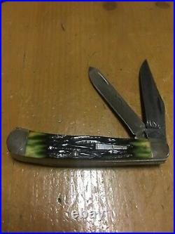 Rare-remington Usa-green Bone Damascus Transition Trapper Folding Bullet Knife