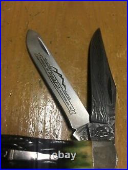 Rare-remington Usa-green Bone Damascus Transition Trapper Folding Bullet Knife
