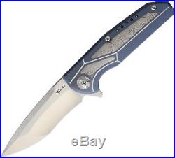 Reate Knives K4 Framelock Blue Titanium Damascus Handle Folding Knife K4BLSD