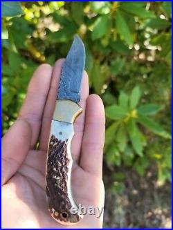 Remarkable Handmade Bone Handle Damascus Pocket Knife! Neat Folding Knife