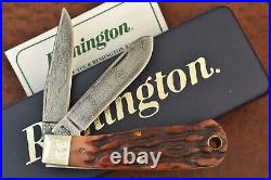 Remington Umc USA Worm Groove Amber Stag Bone Damascus Baby Bullet Knife (16461)
