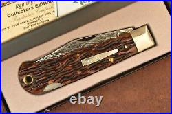 Remington Umc USA Worm Groove Amber Stag Bone Damascus Lockback Knife (16525)