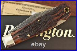 Remington Umc USA Worm Groove Amber Stag Bone Damascus Lockback Knife (16525)