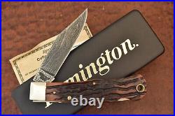 Remington Umc USA Worm Groove Amber Stag Bone Damascus Lockback Knife (16525)