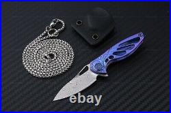 Rike Knife Mini Hummingbird Framelock Flipper Knife Damascus Steel Blue Titanium