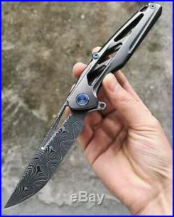 Rike Knight Gray 3.93 Damascus Titanium Handle Frame Lock Pocket Folding Knife