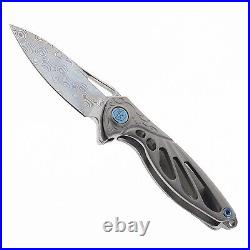 Rike Mini Hummingbird Folding Knife Gray Titanium Handle Rose Damascus Plain