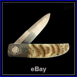 Roy Helton Knife Sheep Horn Linerlock Folder Rare Damascus