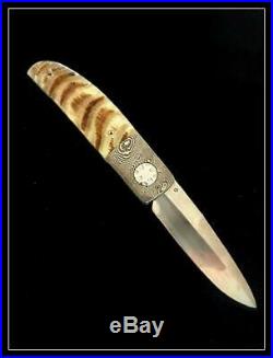 Roy Helton Knife Sheep Horn Linerlock Folder Rare Damascus