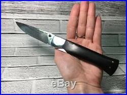 Russian folding knife forged Damascus steel Fox-1, black hornbeam