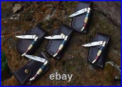 SHARDBLADE Handmade Damascus Folding Mini TRAPPER POCKET KNIFE Lot Of 5 WithSheath