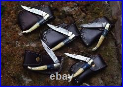 SHARDBLADE Handmade Damascus Folding Mini Trapper POCKET KNIFE Lot Of 5 WithSheath