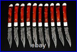 SHARDBLADE Handmade Damascus Folding MiniTrapper Pocket Knife Lot Of 10 WithSheath