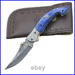 SHOKUNIN USA 7.25 Handmade Forged Damascus Folding Pocket Knife + Sheath