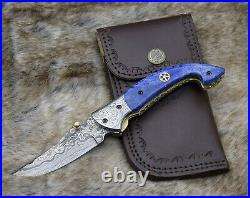 SHOKUNIN USA 7.25 Handmade Forged Damascus Folding Pocket Knife + Sheath
