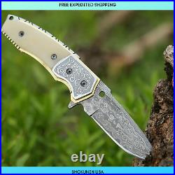 SHOKUNIN USA Forged Damascus Pocket Knife Liner Lock Bone Handle With Sheath