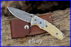 SHOKUNIN USA Forged Damascus Pocket Knife Liner Lock Bone Handle With Sheath